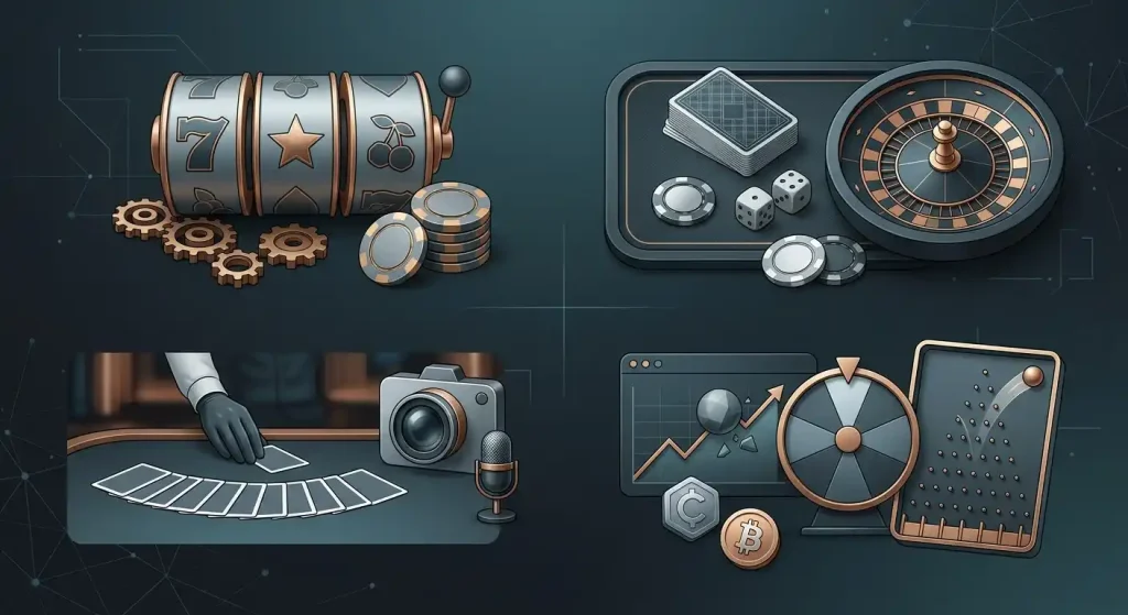 Casino game category map with slots, table games, live dealer play and original-style instant games