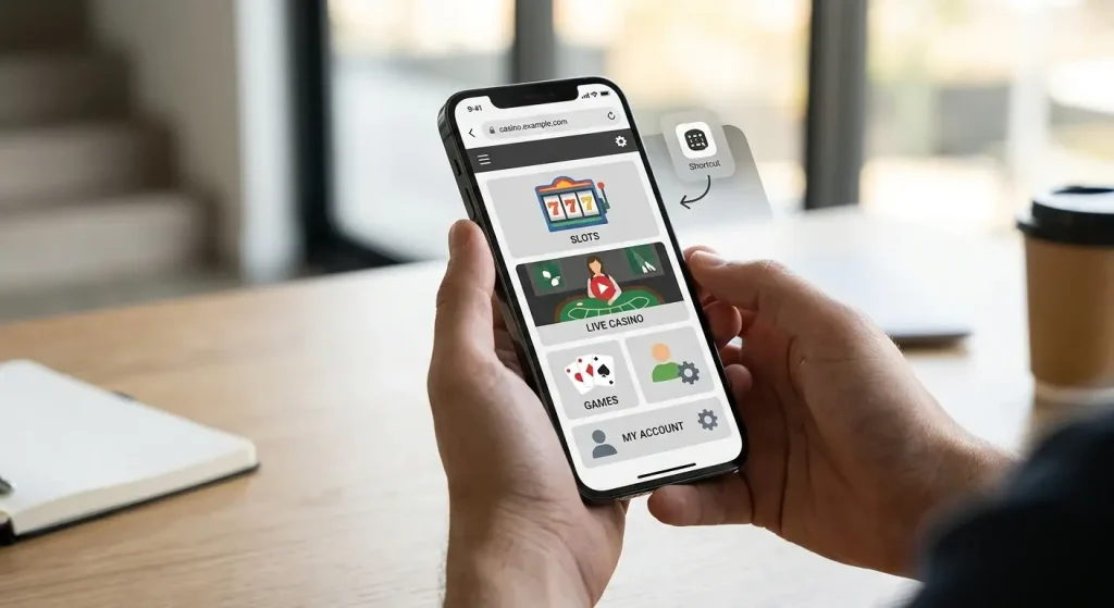 Illustration of a smartphone using a browser-based casino interface without a native app