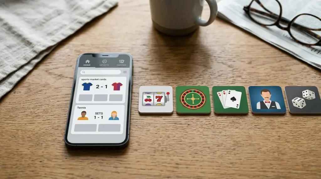 Conceptual sports betting and casino interface viewed on a mobile device