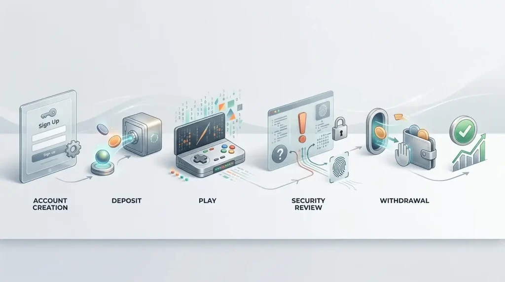 Account journey from registration through play to possible identity verification and withdrawal