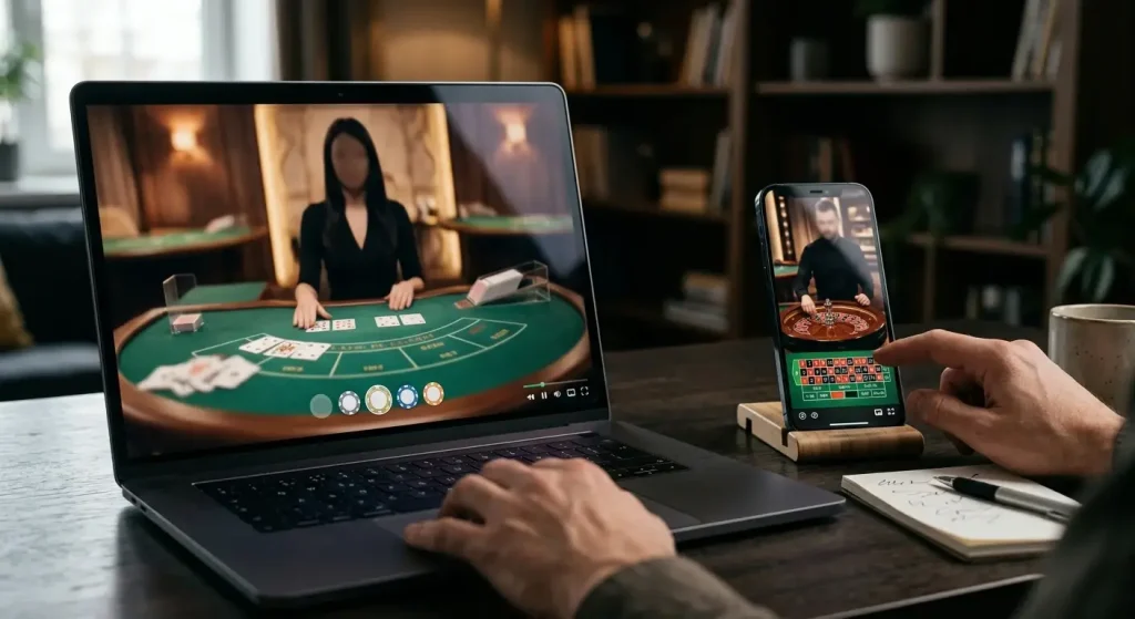 Illustration of live dealer casino tables viewed on a laptop and mobile phone
